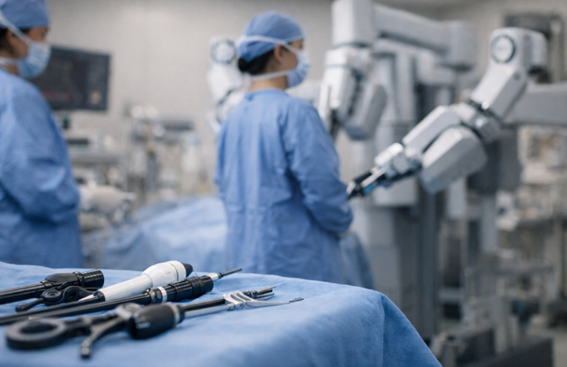Ambiente cirúrgico com instrumentos de laparoscopia em primeiro plano e braços de cirurgia robótica ao fundo, representando técnicas da ginecologia minimamente invasiva.